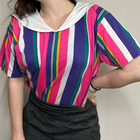 Vintage Bright Stripe Shirt 80s Size XL - Picture 4 of 16